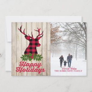 Happy Holidays With Plaid Deer Head Photo Card