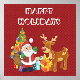 Happy Holidays with Santa and Reindeer Poster