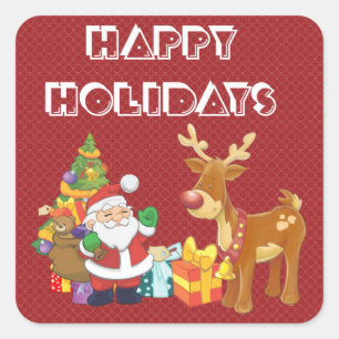 Happy Holidays with Santa and Reindeer Square Sticker