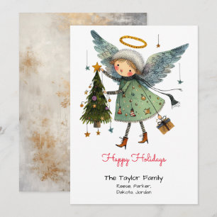 Happy Holidays with Whimsical Angel and Tree Red Holiday Card