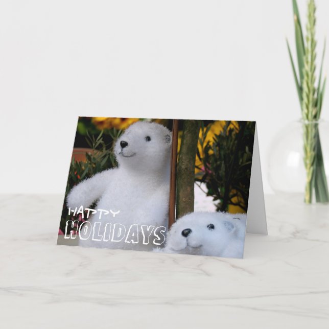 Happy Holidays with White Teddy Bears  - Greetings Holiday Card (Front)
