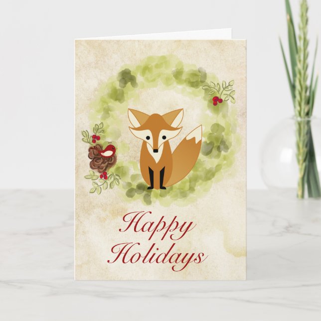 Happy Holidays Woodland Fox and Wreath Christmas Holiday Card (Front)