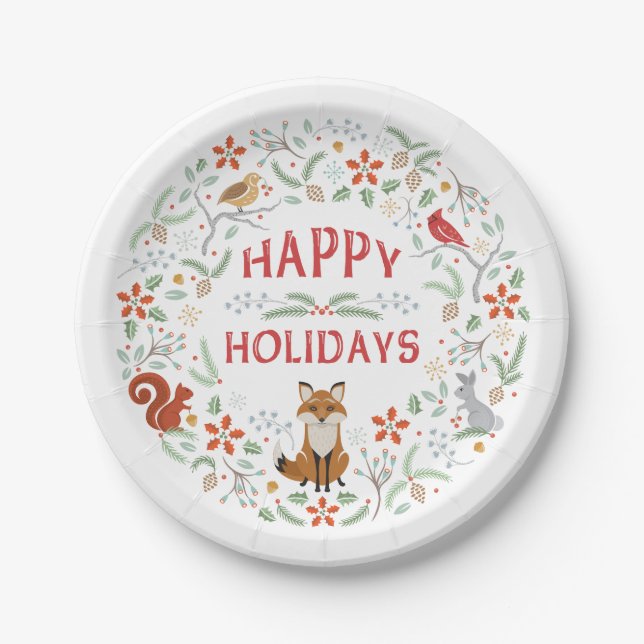 Happy Holidays Woodland Wreath Paper Plate (Front)