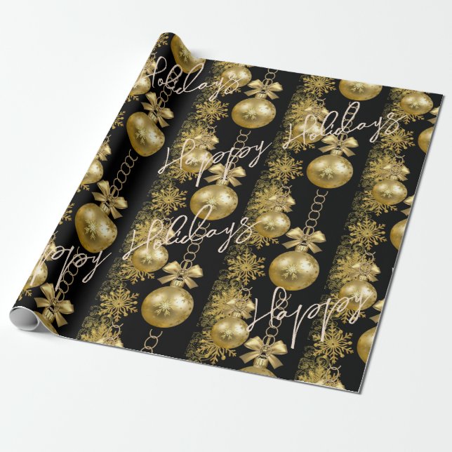 Happy Holidays Wrapping Paper Gold Balls Black (Unrolled)