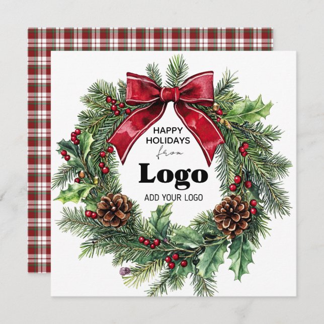 Happy Holidays Wreath Business Logo Bulk Custumer Holiday Card (Front/Back)