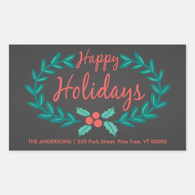 HAPPY HOLIDAYS WREATH CHALKBOARD ADDRESS RECTANGULAR STICKER (Front)