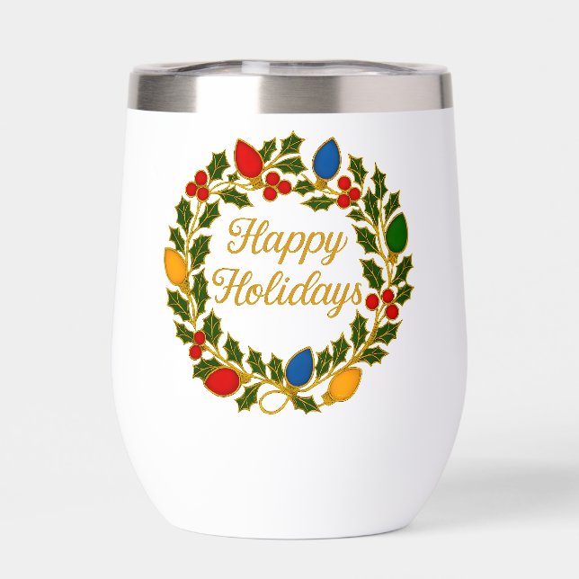 Happy Holidays Wreath Christmas Lights and Holly (Back)