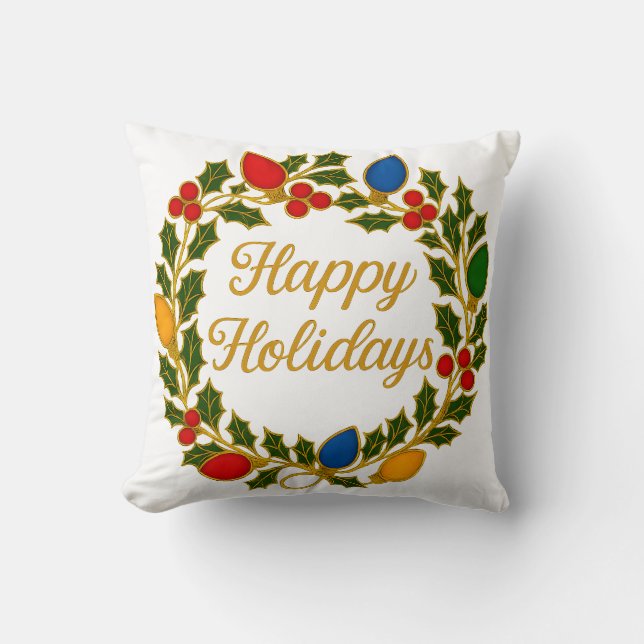 Happy Holidays Wreath Christmas Lights and Holly Cushion (Front)