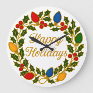Happy Holidays Wreath Christmas Lights and Holly Large Clock