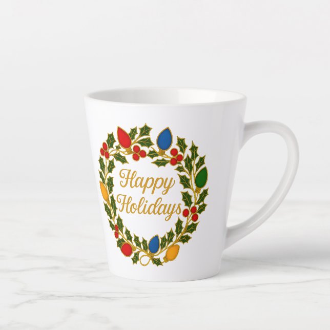 Happy Holidays Wreath Christmas Lights and Holly Latte Mug (Right)