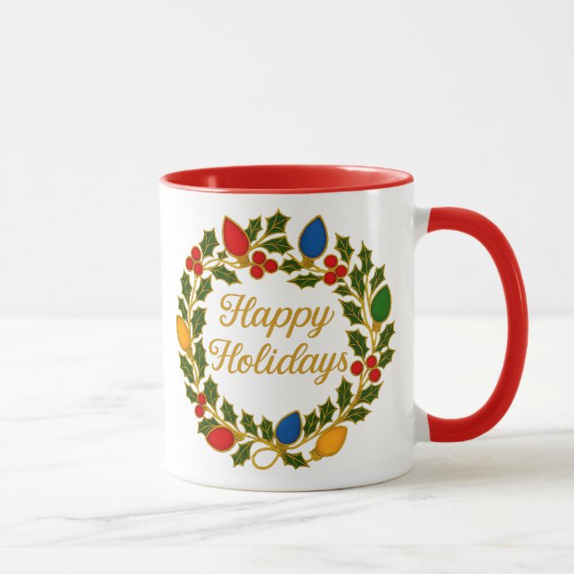 Happy Holidays Wreath Christmas Lights and Holly Mug (Right)