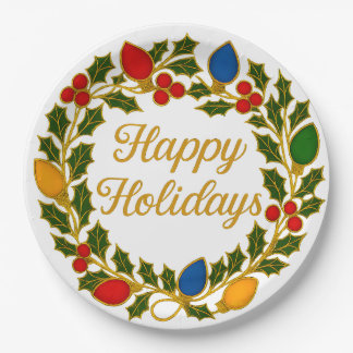 Happy Holidays Wreath Christmas Lights and Holly Paper Plate