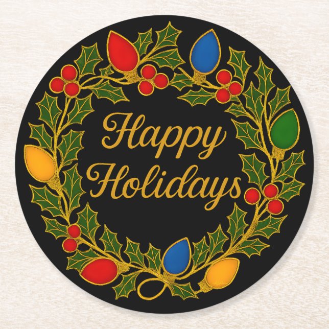 Happy Holidays Wreath Christmas Lights and Holly Round Paper Coaster (Front)