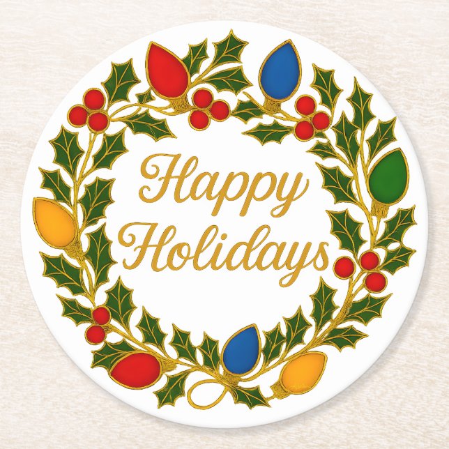 Happy Holidays Wreath Christmas Lights and Holly Round Paper Coaster (Front)