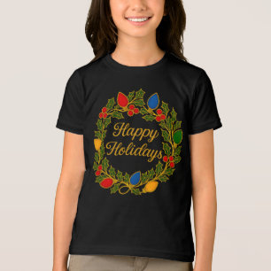 Happy Holidays Wreath Christmas Lights and Holly Tri-Blend Shirt
