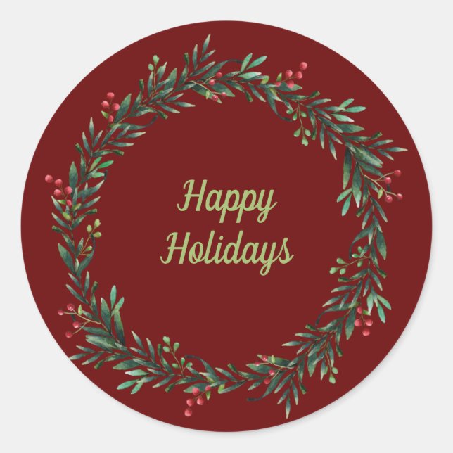 Happy Holidays Wreath Classic Round Sticker (Front)