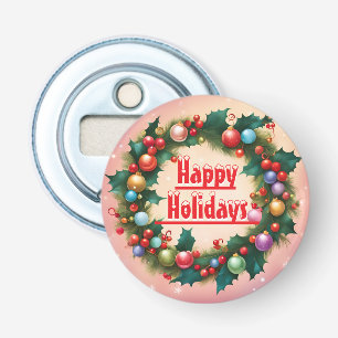 Happy Holidays Wreath Colourful Christmas Snow Bottle Opener
