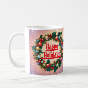 Happy Holidays Wreath Colourful Christmas Snow Coffee Mug