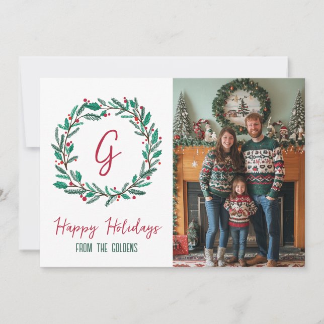 Happy Holidays Wreath CUSTOM PHOTO Christmas Holiday Card (Front)