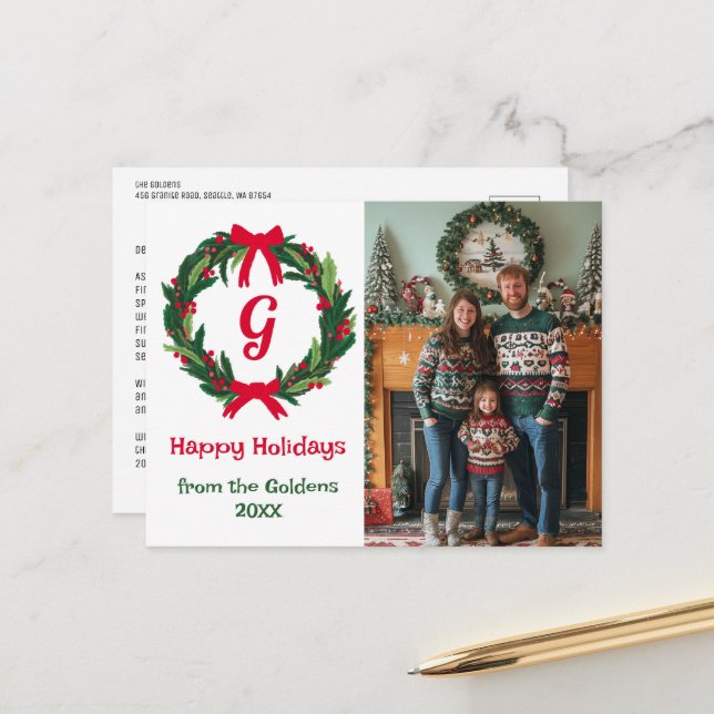 Happy Holidays Wreath CUSTOM PHOTO Christmas Holiday Postcard (Front/Back In Situ)