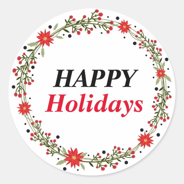 Happy Holidays wreath with flowers christmas Classic Round Sticker (Front)