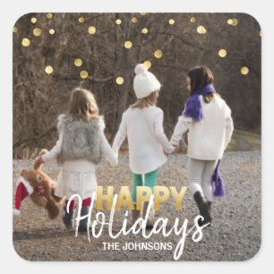 HAPPY HOLIDAYS Xmas Family Gold White   PHOTO Square Sticker