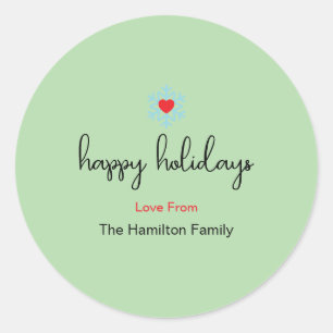 Happy Holidays Xmas Simple Red Heart Snowflake  Classic Round Sticker