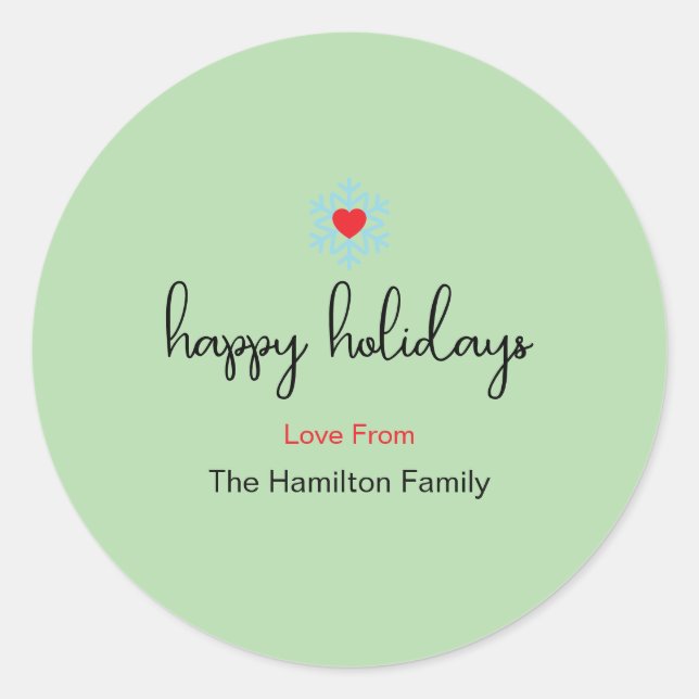 Happy Holidays Xmas Simple Red Heart Snowflake  Classic Round Sticker (Front)