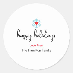 Happy Holidays Xmas Simple Red Heart Snowflake Classic Round Sticker