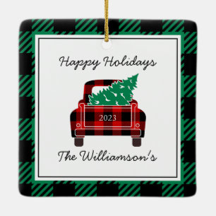 Happy Holidays Year Name Plaid Truck Red Green Ceramic Ornament