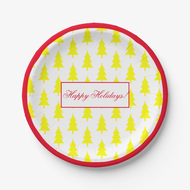 Happy Holidays Yellow On White Fir Tree Pattern Paper Plate (Front)