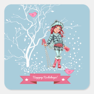 Happy Holidays. Young Girl Skier Christmas  Square Sticker