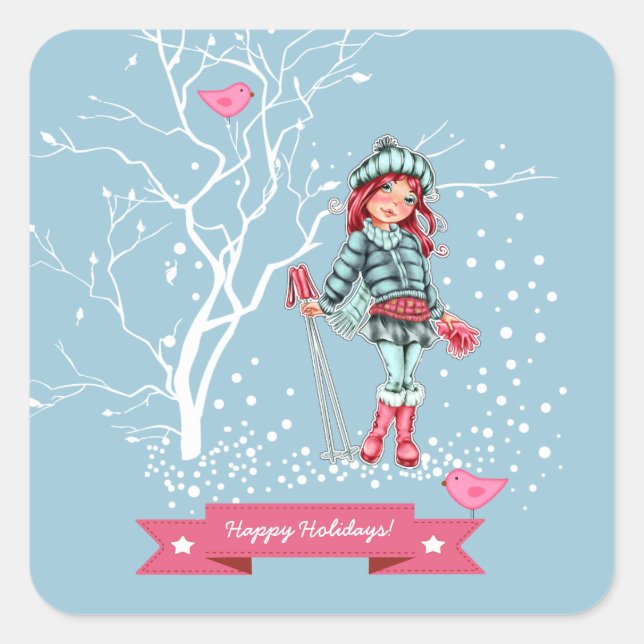 Happy Holidays. Young Girl Skier Christmas  Square Sticker (Front)