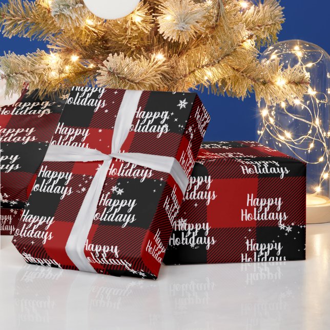 Happy HolidaysText In Snowflakes On Plaid Wrapping Paper (Holidays)