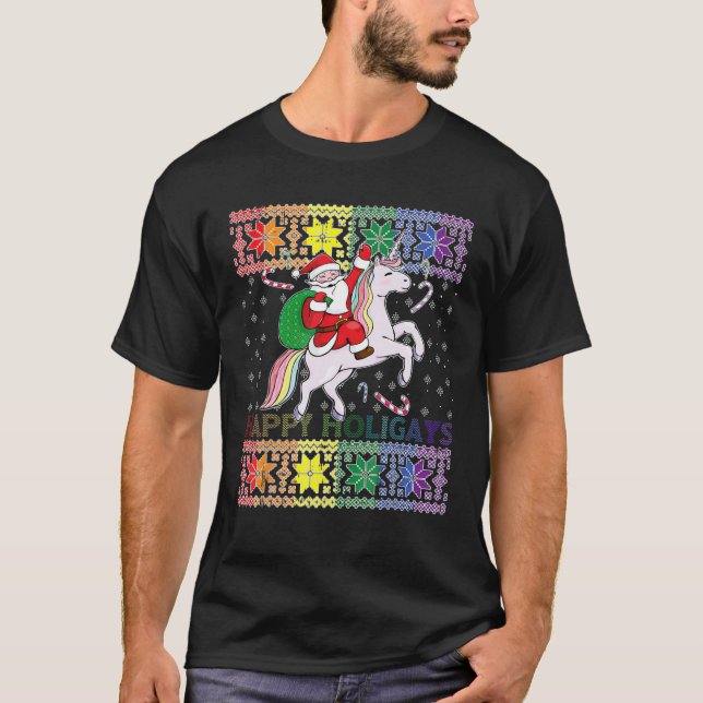 Happy Holigays Gay Christmas Pajamas Santa Riding T-Shirt (Front)