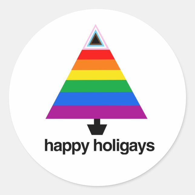 Happy Holigays Progress Pride Tree Classic Round Sticker (Front)
