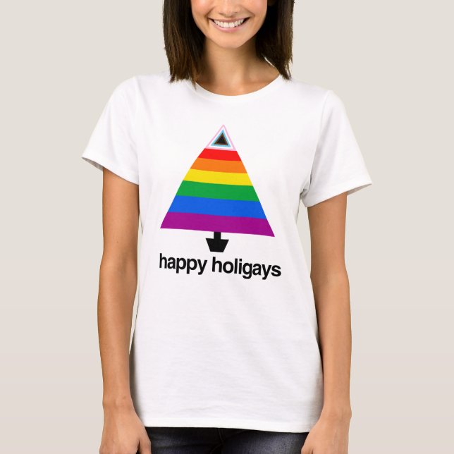 Happy Holigays Progress Pride Tree T-Shirt (Front)