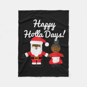 Happy Holla Days Santa And Mrs Claus Black Christm Fleece Blanket