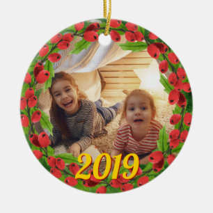 Happy Holly Berry Wreath Custom Photo Ceramic Tree Decoration