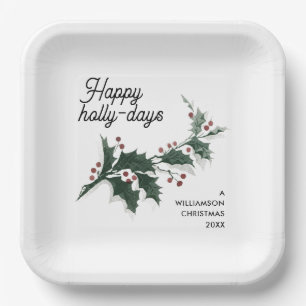 Happy Holly Days Custom Family Name Christmas  Paper Plate
