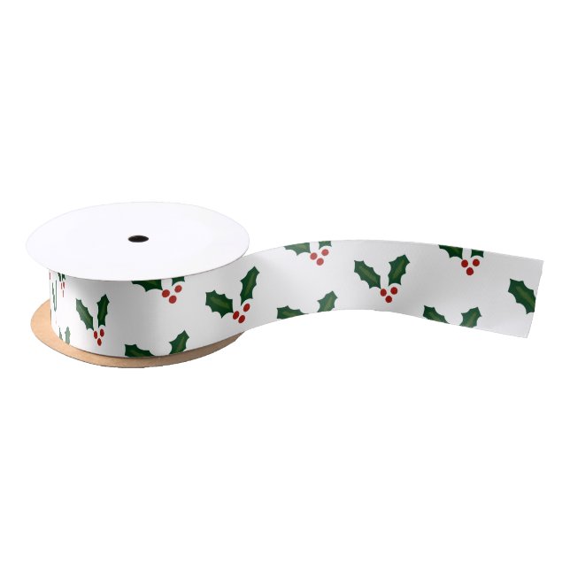 Happy Holly Days Festive Holly Pattern Satin Ribbon (Spool)