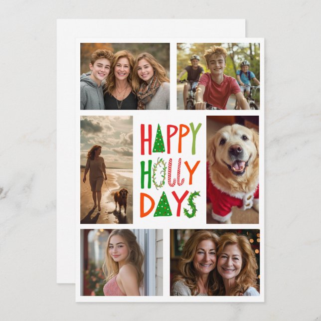 HAPPY HOLLY DAYS Hand-Drawn CUSTOM 6 PHOTO Xmas Holiday Card (Front/Back)
