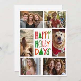 HAPPY HOLLY DAYS Hand-Drawn CUSTOM 6 PHOTO Xmas Holiday Card