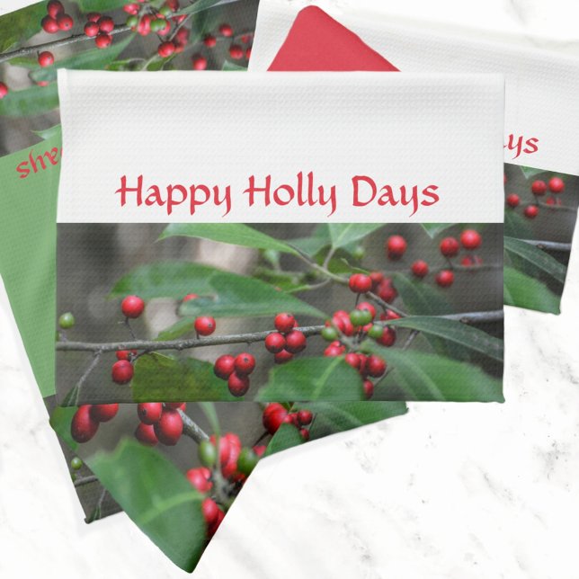Happy Holly Days Red Berries Photographic Holiday Tea Towel (Creator Uploaded)