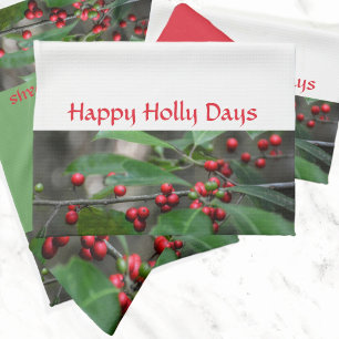 Happy Holly Days Red Berries Photographic Kitchen Tea Towel