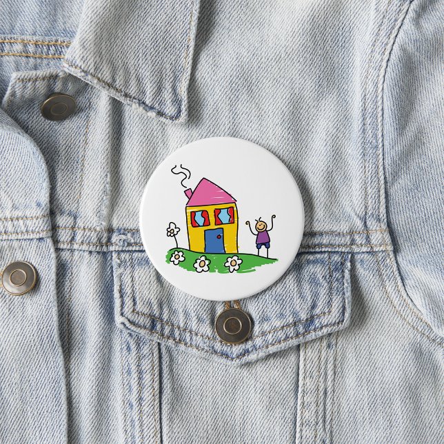 Happy Home Colourful House and Stick Figure  7.5 Cm Round Badge (Creator Uploaded)