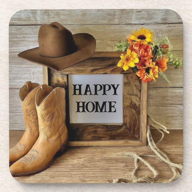 Happy Home Cowgirl Cowboy Style With Cowboy Boots  Coaster (Front)