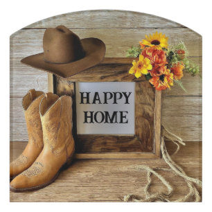 Happy Home Cowgirl Cowboy Style With Cowboy Boots  Door Sign