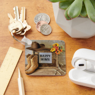 Happy Home Cowgirl Cowboy Style With Cowboy Boots Key Ring