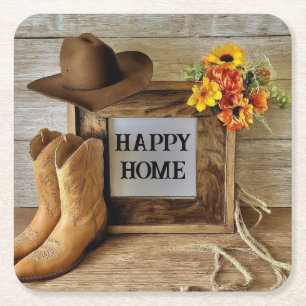 Happy Home Cowgirl Cowboy Style With Cowboy Boots  Square Paper Coaster